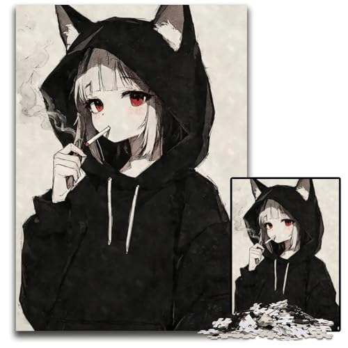 AnimeKatzenmädchenRauchpuzzle 1000 Teile für Erwachsene Unmögliches Puzzle für Erwachsene Herausforderndes Denkspiel für Teenager Spaß am Familienspieleabend 1000 Teile (38 x 26 cm) von CXUOSADIP