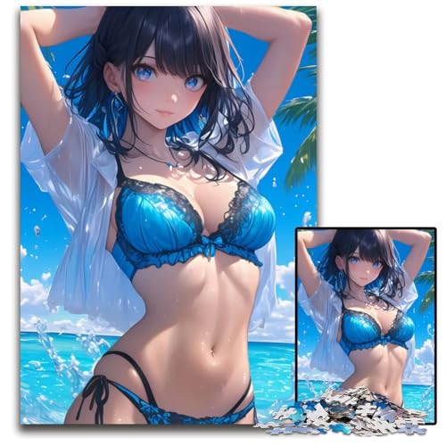 AnimeMädchen im blauen Bikini Puzzle für Erwachsene 1000 Teile Holzpuzzle für Heimdekoration Gehirntraining 1000 Teile (75 x 50 cm) von CXUOSADIP