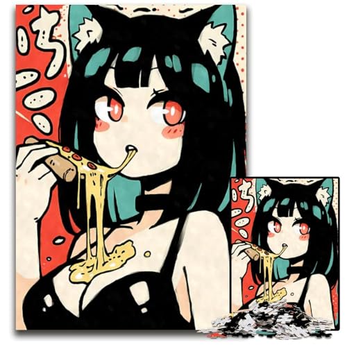 AnimeMädchen isst Pizza 1000teiliges Puzzle Holzpuzzle für Erwachsene anspruchsvolle Denksportaufgabe Familienaktivität Heimdekoration 1000 Teile (38 x 26 cm) von CXUOSADIP