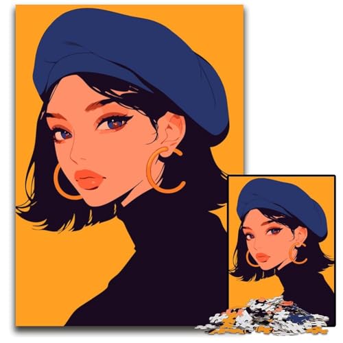 AnimeMädchen mit Blauer Baskenmütze minimalistisches KunstPuzzle für Erwachsene 1000teiliges Holzpuzzle Eltern Liebhaber Freunde Alter 14 1000 Teile (38 x 26 cm) von CXUOSADIP