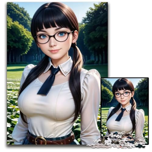 AnimeMädchen mit Brille 1000teiliges Puzzle Holzpuzzle für Erwachsene anspruchsvolle Denksportaufgabe Familienaktivität Heimdekoration 1000 Teile (75 x 50 cm) von CXUOSADIP