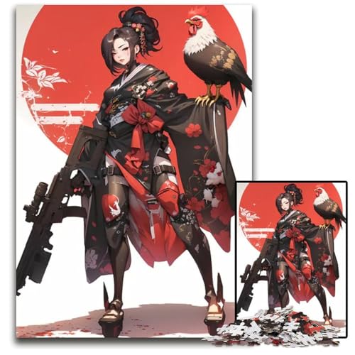 AnimeMädchen mit Gewehr und Hahn 14teiliges Puzzle anspruchsvolle Rätsel Denksportaufgabe interaktives Familienspiel geeignet für Kinder ab 14 Jahren 1000 Teile (75 x 50 cm) von CXUOSADIP