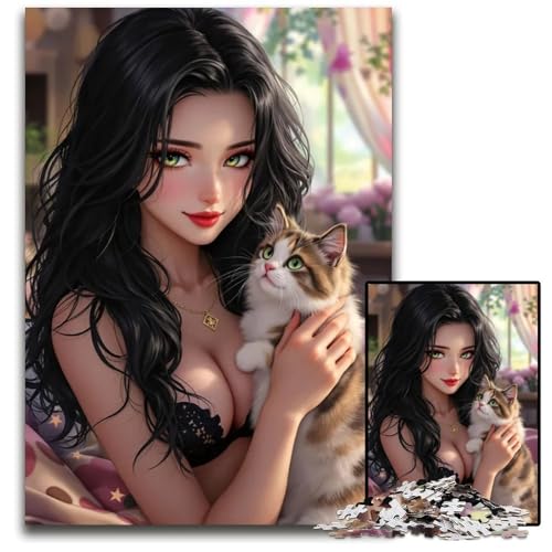 AnimeMädchen mit KätzchenPuzzle 1000 Teile unmögliches Puzzle für Erwachsene Lernspielzeug für Teenager HeimbüroDekor 1000 Teile (38 x 26 cm) von CXUOSADIP
