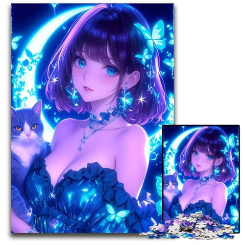 AnimeMädchen mit Katze und Schmetterlingen Puzzle 1000 Teile für Erwachsene Puzzle für Erwachsene anspruchsvolle Denksportaufgabe Familienaktivität Heimdekoration 1000 (38 x 26 cm) von CXUOSADIP