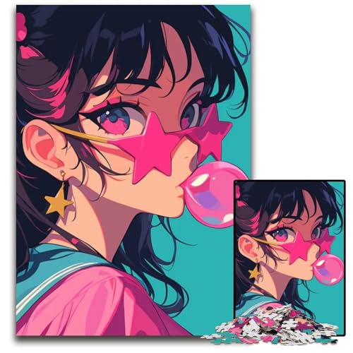 AnimeMädchen mit Kaugummi und SternSonnenbrille Puzzle für Erwachsene 1000 Teile Puzzle für Erwachsene perfekt für Teenager Heimdekoration 1000 Teile (38 x 26 cm) von CXUOSADIP