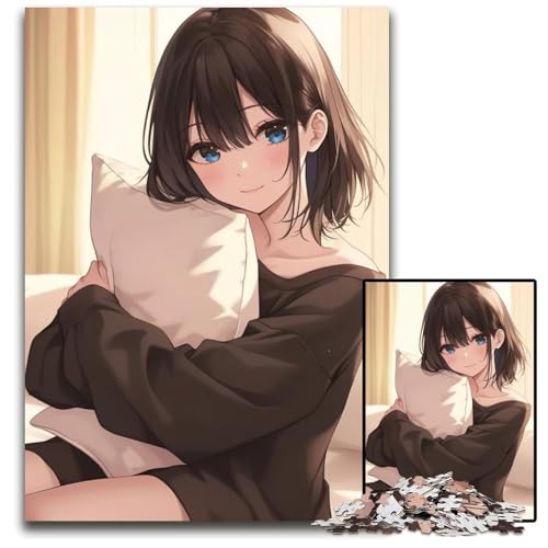 AnimeMädchen mit Kissen 1000teiliges Puzzle Holzpuzzle für Erwachsene anspruchsvolle Denksportaufgabe Familienaktivität Heimdekoration 1000 Teile (75 x 50 cm) von CXUOSADIP