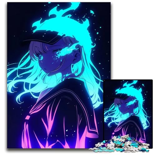 AnimeMädchen mit blauem Feuer Puzzle für Erwachsene 1000 Teile Holzpuzzle für Heimdekoration Gehirntraining 1000 Teile (75 x 50 cm) von CXUOSADIP