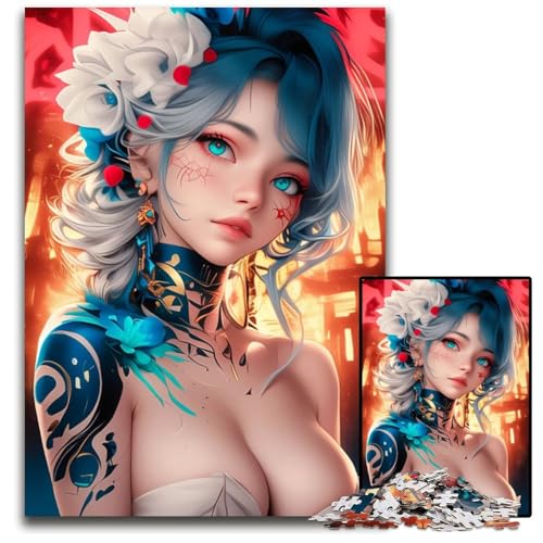 AnimeMädchen mit blauen Haaren Puzzle 1000 Teile für Erwachsene Unmögliches Puzzle für Erwachsene Herausforderndes Denkspiel für Teenager Spaß für den Familienspieleabend 1000 Teile (38 x 26 cm) von CXUOSADIP