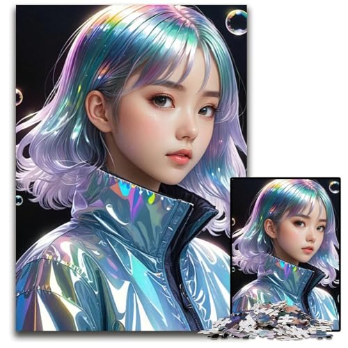 AnimeMädchen mit holografischer Jacke Puzzle 1000 Teile Puzzle für Erwachsene perfekt für Familienfeiern Geburtstage Feiertage 1000 Teile (38 x 26 cm) von CXUOSADIP