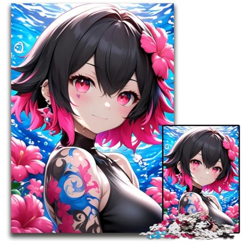AnimeMädchen mit rosa Haaren und Tattoo Puzzle 1000 Teile unmögliches Puzzle für Erwachsene Lernspielzeug für Teenager HeimbüroDekor 1000 Teile (75 x 50 cm) von CXUOSADIP