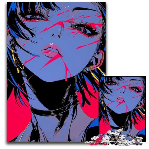 AnimeMädchen mit rosa und Blauer Farbe Puzzle für Erwachsene 1000 Teile Holzpuzzle für Heimdekoration Gehirntraining 1000 Teile (38 x 26 cm) von CXUOSADIP