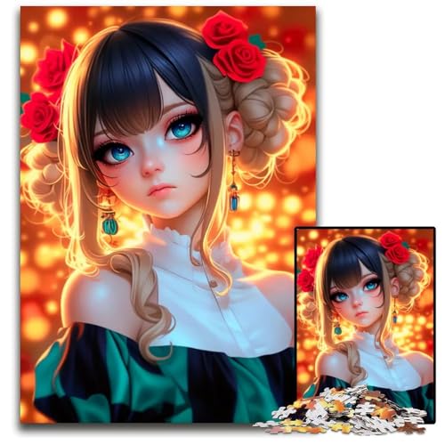 AnimeMädchen mit roten Rosen Puzzle anspruchsvolle Puzzles Denksportaufgabe interaktives Familienspiel geeignet für Kinder ab 14 Jahren 1000 Teile (75 x 50 cm) von CXUOSADIP