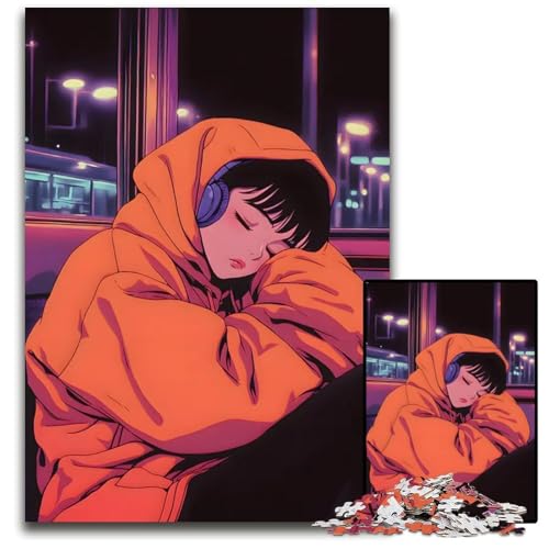 AnimeMädchen schläft im Bus LofiMädchenPuzzles für Erwachsene 1000 Teile Holzpuzzles für Heimdekoration Gehirntraining 1000 Teile (75 x 50 cm) von CXUOSADIP