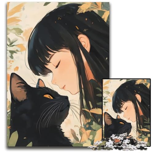 AnimeMädchen und Schwarze Katze PCPuzzle für Erwachsene Holzpuzzle für Heimdekoration ideales Weihnachts und Neujahrsgeschenk für Teenager 1000 Teile (38 x 26 cm) von CXUOSADIP