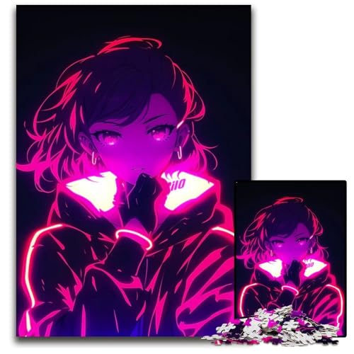 AnimeMädchenNeonLeuchtPuzzle 1000 Teile Puzzle für Erwachsene perfekt für Familienfeiern Geburtstage Feiertage 1000 Teile (75 x 50 cm) von CXUOSADIP