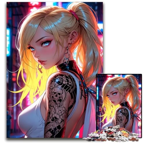 AnimeNeonMädchen mit TotenkopfTattoo Puzzleteile anspruchsvolle Puzzles Denksportaufgabe interaktives Familienspiel geeignet für Kinder ab 14 Jahren 1000 Teile (75 x 50 cm) von CXUOSADIP