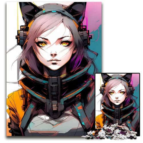 Beauty Cyber Cat Girl Art Puzzle 1000 Teile Unmögliches Puzzle für Erwachsene Lernspielzeug für Teenager Home Office Dekor 1000 PCS (75x50cm) von CXUOSADIP