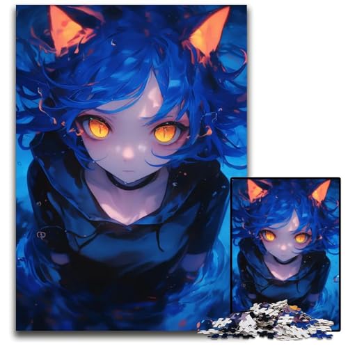Blauhaariges AnimeMädchen mit Katzenohren Puzzle 1000 Teile Unmögliches Puzzle für Erwachsene Lernspielzeug für Teenager HeimbüroDekor 1000 PCS (75 x 50 cm) von CXUOSADIP