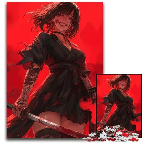 Blutiges SamuraiMädchenPuzzle 1000 Teile Puzzle für Erwachsene perfekt für Familienfeiern Geburtstage Feiertage 1000 Teile (38 x 26 cm) von CXUOSADIP