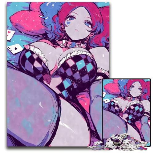 ClownMädchen mit Spielkarten Puzzle für Erwachsene 1000 Teile Holzpuzzle für Heimdekoration Gehirntraining 1000 Teile (38 x 26 cm) von CXUOSADIP