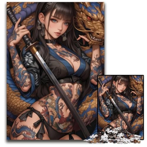 Dragon Tattoo Samurai Girl Puzzles 1000 Teile für Erwachsene Unmögliche Puzzles für Erwachsene Anspruchsvolles Denkspiel für Teenager Spaß für den Familienspieleabend 1000 Teile (38 x 26 cm) von CXUOSADIP