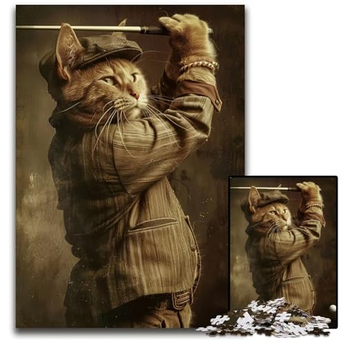 Eine Katze spielt Golf Puzzles für Erwachsene 1000 Teile Holzpuzzles für Erwachsene interaktives Familienspiel Familienaktivitätsspiel 1000 Teile (38 x 26 cm) von CXUOSADIP