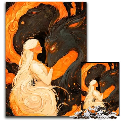 Frau und Wolf in Flammen PCPuzzle für Erwachsene Holzpuzzle für Heimdekoration ideales Weihnachts und Neujahrsgeschenk für Teenager 1000 Teile (38 x 26 cm) von CXUOSADIP
