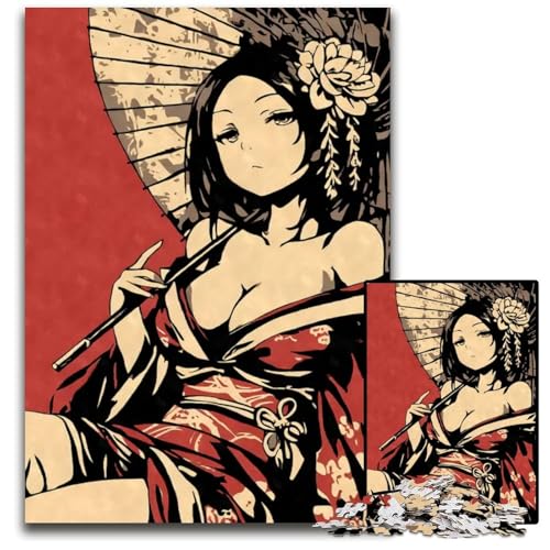 Geisha mit Regenschirm 1000teiliges Puzzle Puzzles für Erwachsene farbenfrohe Heimdekoration interaktives Familienspiel 1000 Teile (75 x 50 cm) von CXUOSADIP