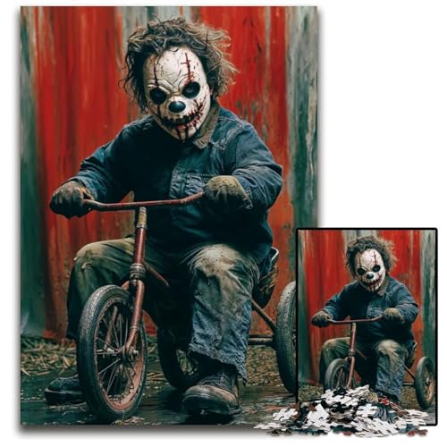 Gruseliger Clown auf Dreirad Puzzle für Erwachsene 1000 Teile schwierige Puzzles für Erwachsene perfekte Dekoration für Zuhause oder das Büro 1000 Teile (75 x 50 cm) von CXUOSADIP