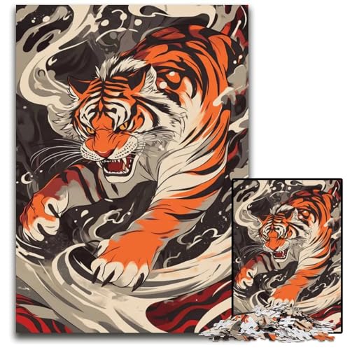 Japanischer Tiger in Wellen 1000teiliges Puzzle Holzpuzzle für Erwachsene anspruchsvolle Denksportaufgabe Familienaktivität Heimdekoration 1000 Teile (75 x 50 cm) von CXUOSADIP