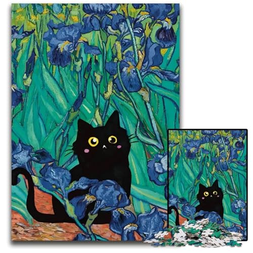 Katze in Schwertlilien Puzzle 1000 Teile für Erwachsene Holzpuzzle für Erwachsene anspruchsvolles Denkspiel für Teenager Spaß für den Familienspielabend 1000 Teile (75 x 50 cm) von CXUOSADIP