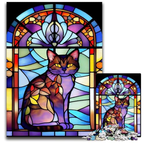 KatzenBuntglasStil 1000teiliges Puzzle für Erwachsene Holzpuzzle Geburtstagsgeschenkidee anspruchsvolles Denkspiel 1000 Teile (75 x 50 cm) von CXUOSADIP