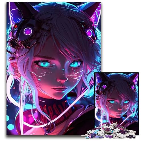 Katzenmädchen blaues NeonAnimePuzzle für Erwachsene 1000 Teile anspruchsvolle Puzzles anspruchsvolle Denksportaufgabe Familienaktivität Heimdekoration 1000 Teile (75 x 50 cm) von CXUOSADIP