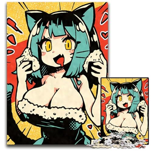 Katzenmädchen isst OnigiriPuzzles für Erwachsene 1000 Teile Holzpuzzles für Heimdekoration Gehirntraining 1000 Teile (38 x 26 cm) von CXUOSADIP