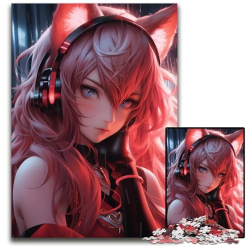 Katzenmädchen mit Kopfhörer Puzzle für Erwachsene 1000 Teile Puzzle für Erwachsene perfekt für Teenager Heimdekoration 1000 Teile (38 x 26 cm) von CXUOSADIP