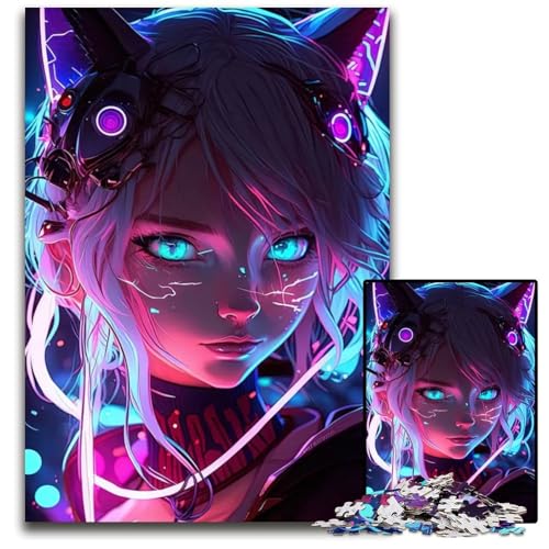 KatzenmädchenAnimePuzzle mit blauem Neonlicht 1000 Teile für Erwachsene schwierige Puzzles für Erwachsene Geburtstagsgeschenkidee anspruchsvolles Denkspiel 1000 Teile (38 x 26 cm) von CXUOSADIP