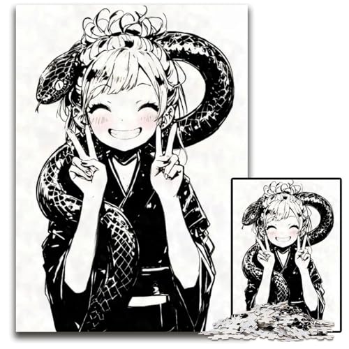 Lächelndes AnimeMädchen mit Schlange 1000teiliges Puzzle Holzpuzzle für Erwachsene anspruchsvolle Denksportaufgabe Familienaktivität Heimdekoration 1000 Teile (38 x 26 cm) von CXUOSADIP