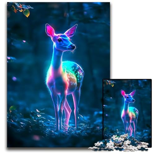 Neonhirsch im Wald 1000teiliges Puzzle für Erwachsene Holzpuzzle Geburtstagsgeschenkidee anspruchsvolles Denkspiel 1000 Teile (75 x 50 cm) von CXUOSADIP