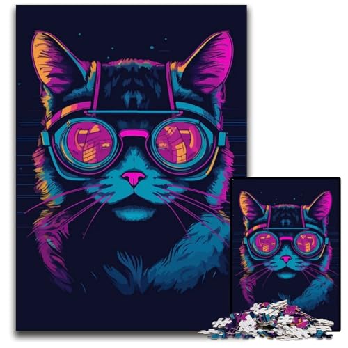 Neonkatze im DiscoStil Puzzle 1000 Teile anspruchsvolle Puzzles interaktives Familienspiel GehirnHerausforderung Lernspielzeug 1000 Teile (75 x 50 cm) von CXUOSADIP