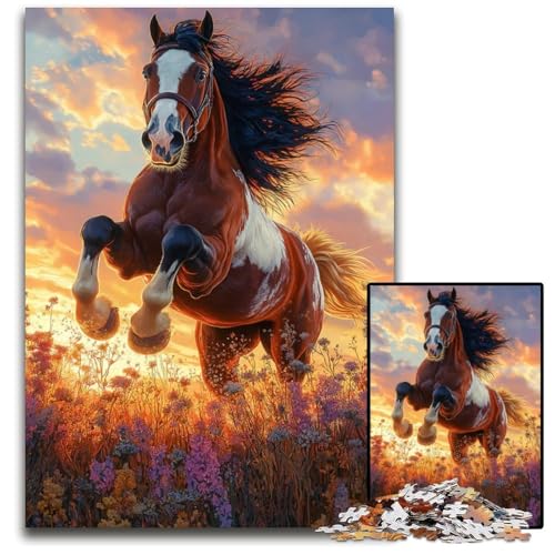 Pferd springt bei Sonnenuntergang auf einem Blumenfeld Puzzle 1000 Teile Unmögliches Puzzle für Erwachsene Lernspielzeug für Teenager HeimbüroDekor 1000 Teile (75 x 50 cm) von CXUOSADIP