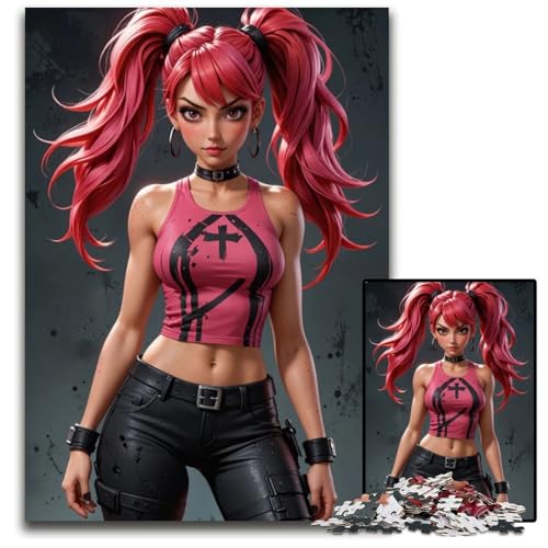 PinkHaired Anime Punk Girl 1000teiliges Puzzle Holzpuzzle für Erwachsene anspruchsvolle Denksportaufgabe Familienaktivität Heimdekoration 1000 Teile (38 x 26 cm) von CXUOSADIP