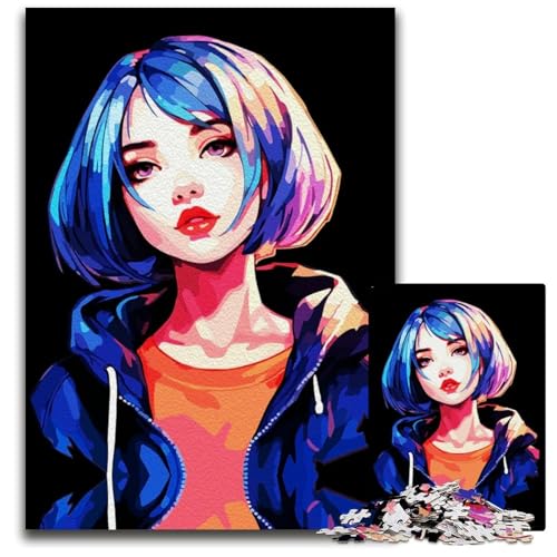 Puzzle 1000 Teile AnimeMädchen mit blauen Haaren Puzzles für Erwachsene anspruchsvolles Denkspiel für Teenager Spaß für den Familienspielabend 1000 Teile (75 x 50 cm) von CXUOSADIP