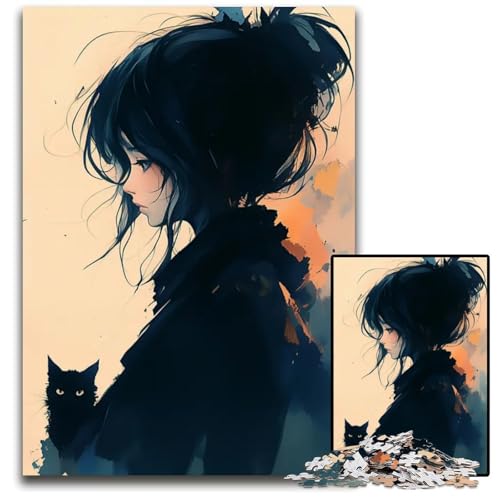 Puzzle 1000 Teile AnimeMädchen mit schwarzer Katze Holzpuzzle für Erwachsene anspruchsvolles DIYDenkspiel perfektes Familienspiel oder dekoratives Geschenk 1000 Teile (38 x 26 cm) von CXUOSADIP