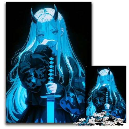 Puzzle 1000 Teile Blaues SamuraiNeonAnimeMädchen Puzzles für Erwachsene anspruchsvolles Denkspiel für Teenager Spaß für den Familienspielabend 1000 Teile (38 x 26 cm) von CXUOSADIP