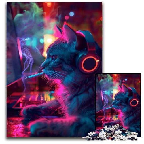 Puzzle 1000 Teile Cool Cat Gamer Smoking Holzpuzzle anspruchsvolles Denkspiel für Teenager Spaß am Familienspielabend 1000 Teile (75 x 50 cm) von CXUOSADIP
