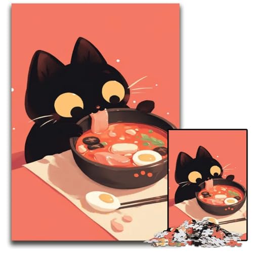 Puzzle 1000 Teile Katze isst Ramen Holzpuzzle Entspannende Unterhaltung Heimdekoration 1000 PCS (75x50cm) von CXUOSADIP