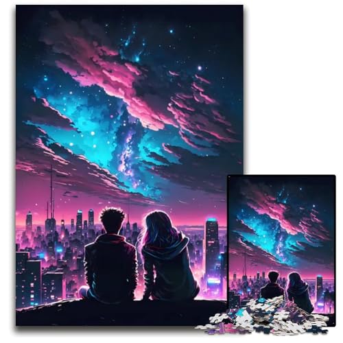 Puzzle 1000 Teile PaarSilhouetten NachtStadtbild Holzpuzzle entspannende Unterhaltung Heimdekoration 1000 Teile (38 x 26 cm) von CXUOSADIP