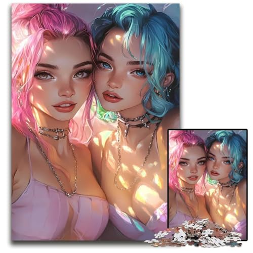 Puzzle 1000 Teile Zwei Mädchen mit rosa und blauen Haaren Holzpuzzle entspannende Unterhaltung Heimdekoration 1000 Teile (75 x 50 cm) von CXUOSADIP