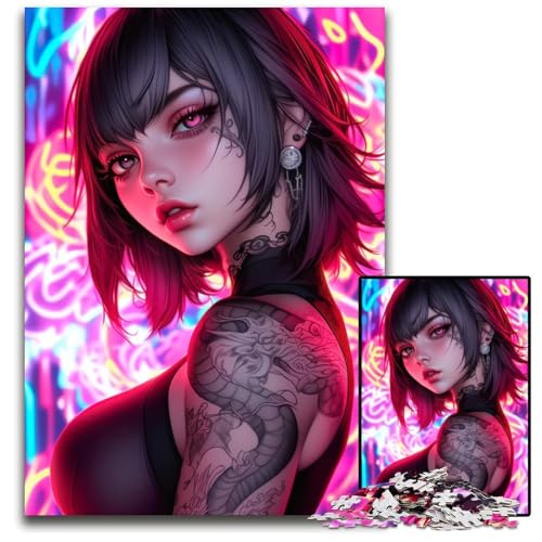 Puzzle 1000 Teile für Erwachsene AnimeMädchen mit Drachentattoo Holzpuzzle perfekt für Halloween Weihnachten Geburtstagsgeschenk 1000 Teile (38 x 26 cm) von CXUOSADIP