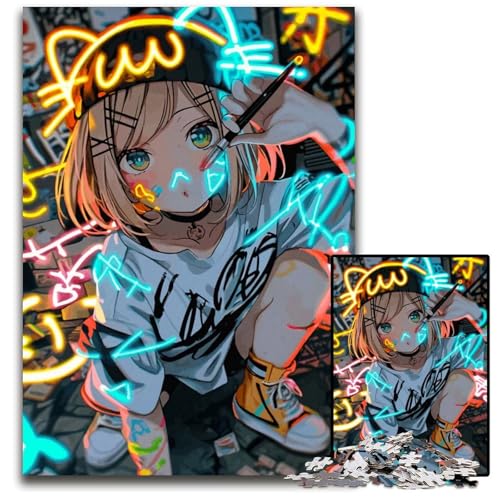 Puzzle 1000 Teile für Erwachsene AnimeMädchen mit Neonlichtern Holzpuzzle perfekt für Halloween Weihnachten Geburtstagsgeschenk 1000 Teile (75 x 50 cm) von CXUOSADIP